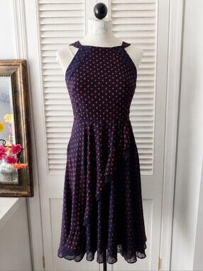 Eva Franco Anthropologie Navy Red Clip Dot Ruffle Tea Dress Size 4